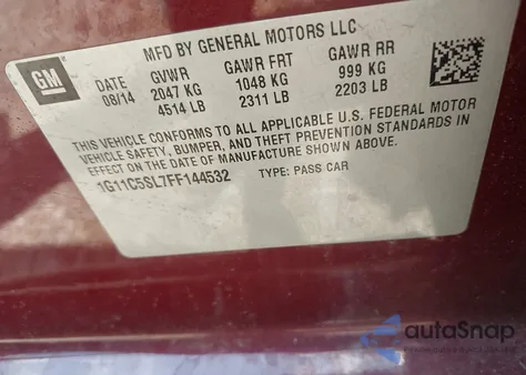 2015 Chevrolet Malibu 1Lt z USA, uszkodzony, nr VIN 1G11C5SL7FF144532